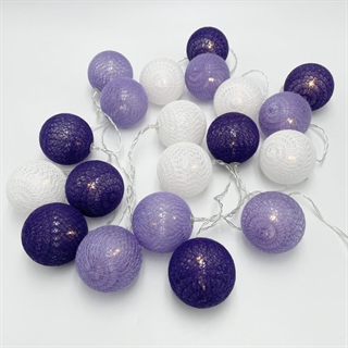 LED lyskæde med lilla, mørkelilla og hvide bomuldskugler - 3 m 20 lys